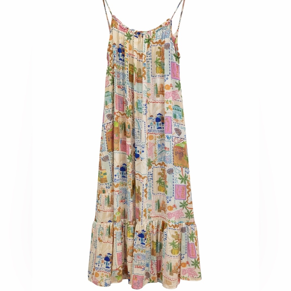 True Destinations Travel Print Sundress Spaghetti Strap Multicolor Large Bohok